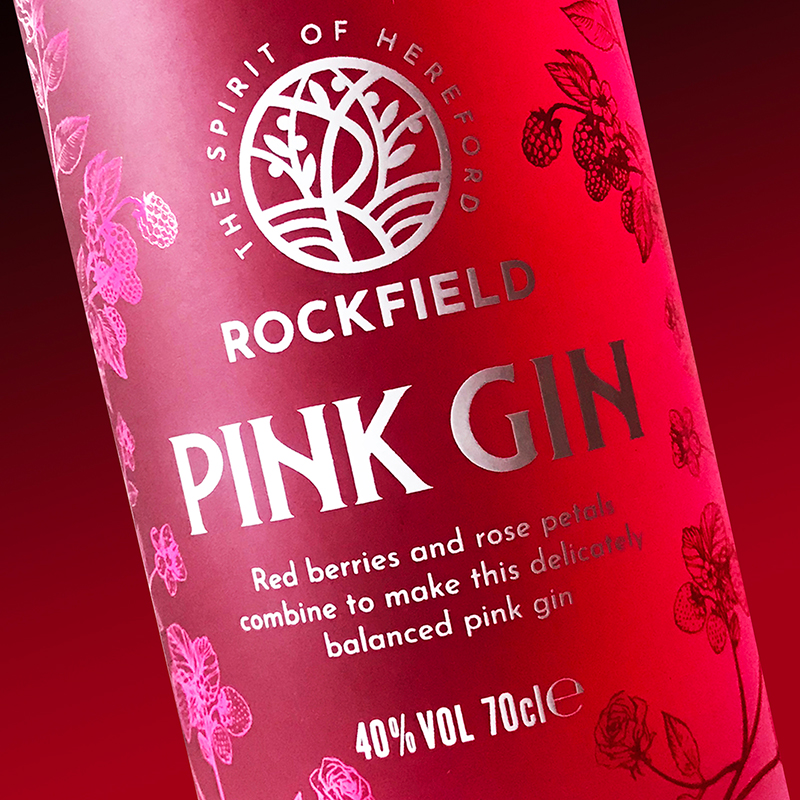 Detail of Rockfield Distillery pink gin bottle screen printed