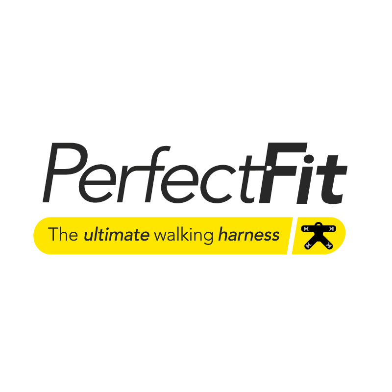 PerfectFit harness logo with the strapline The ultimate walking harness on a white background. A small icon to the right of this os a piece that makes up their harnesses.