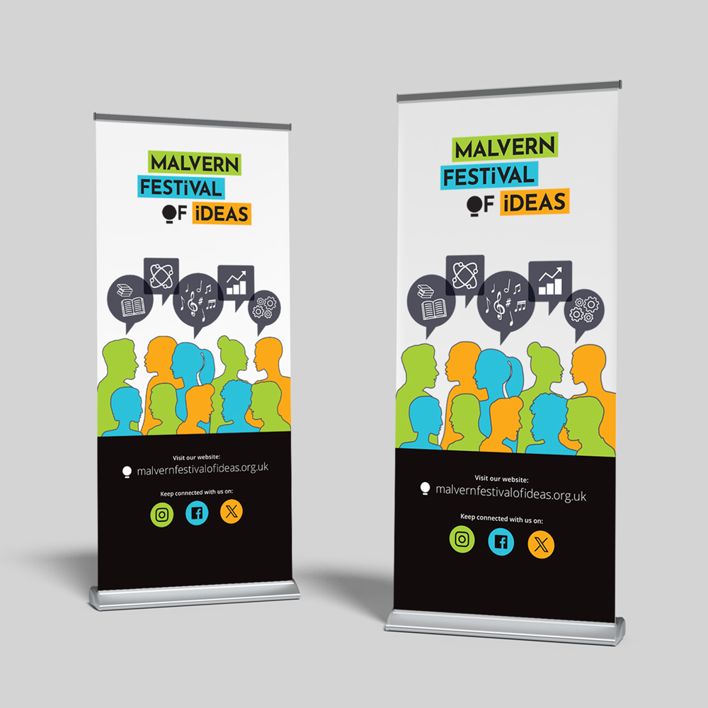 Large format exhibition pull-up banners designed for the Malvern Festival of Ideas