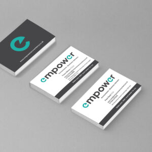 The new Empower Accountants branding shown on business cards, highlighting the clean fonts and modern feel of the project.