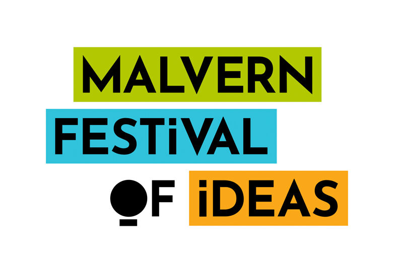 Malvern Festival of Ideas logo design. The logo uses the three main brand colours, turquoise, mid green and orange on a white background.