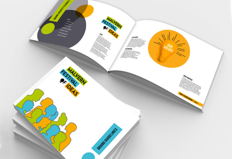 Brand guidelines document for Malvern Festival of Ideas showing typography and colour palette
